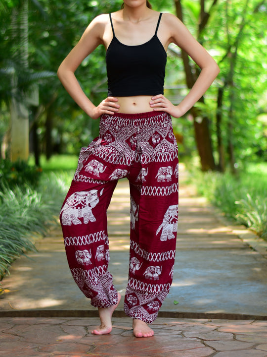 Bohotusk Red Elephant Bull Print Elasticated Smocked Waist Womens Harem Trousers Alternative Maternity Trouser