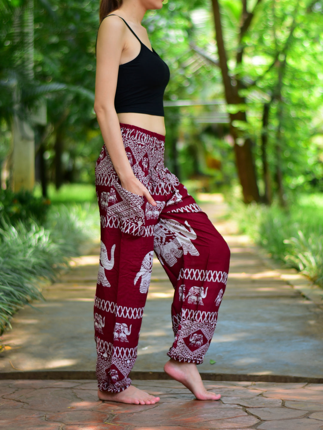 Bohotusk Red Elephant Bull Print Elasticated Smocked Waist Womens Harem Trousers Alternative Maternity Trouser