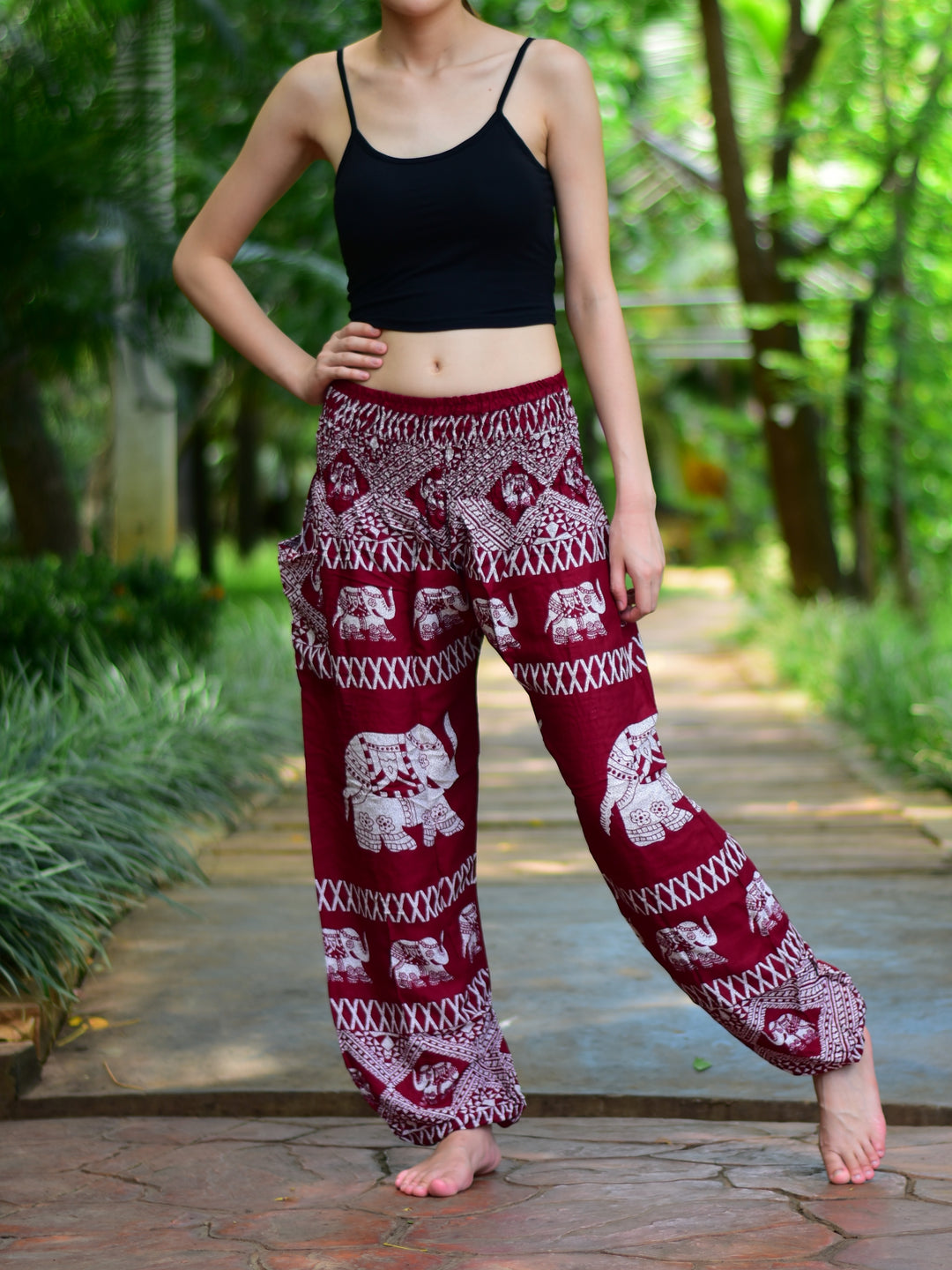 Bohotusk Red Elephant Bull Print Elasticated Smocked Waist Womens Harem Trousers Alternative Maternity Trouser
