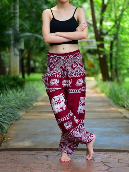 Bohotusk Red Elephant Bull Print Elasticated Smocked Waist Womens Harem Trousers Alternative Maternity Trouser