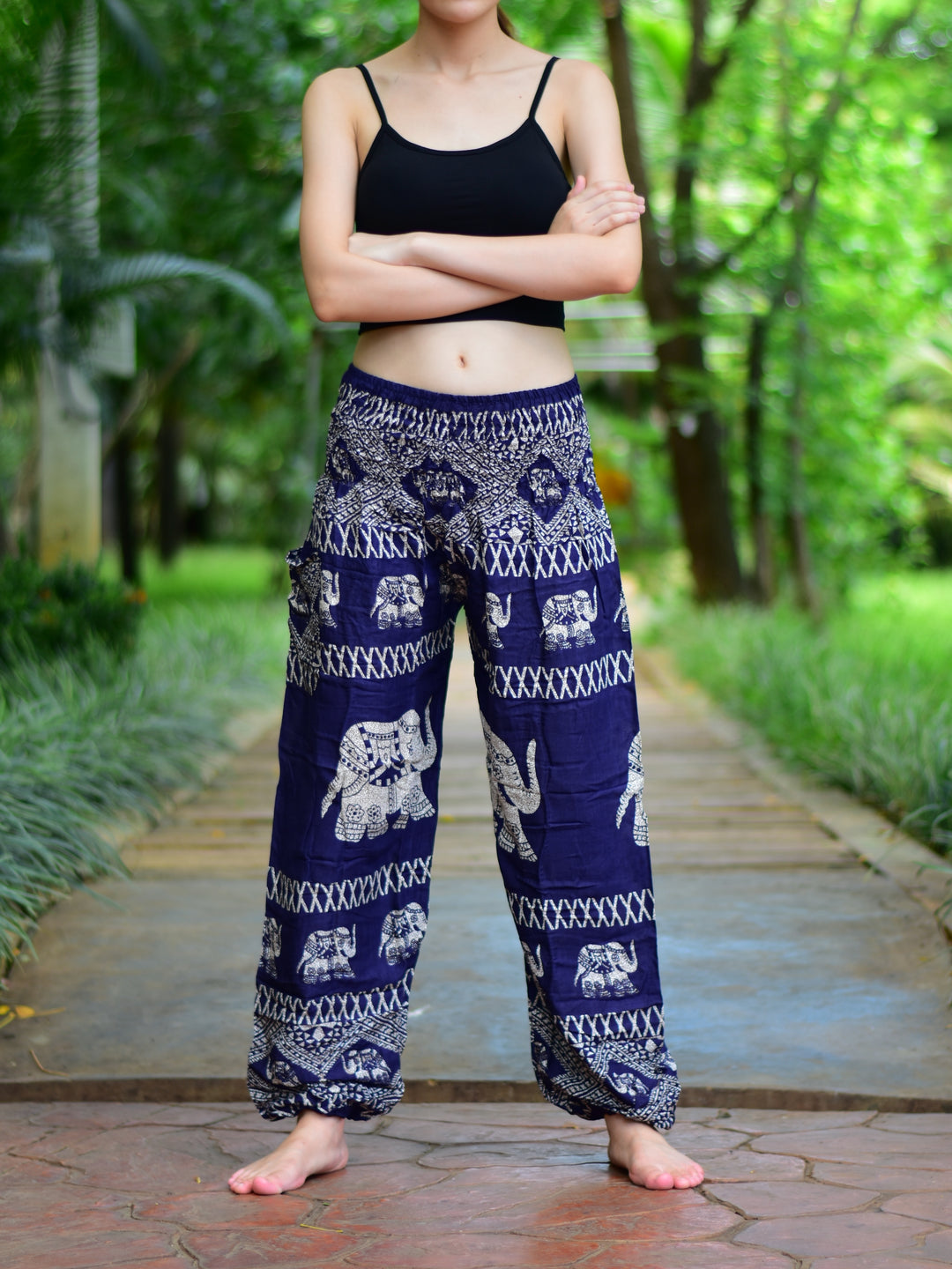 Bohotusk Navy Blue Elephant Bull Print Elasticated Smocked Waist Womens Harem Pants S/M to 3XL