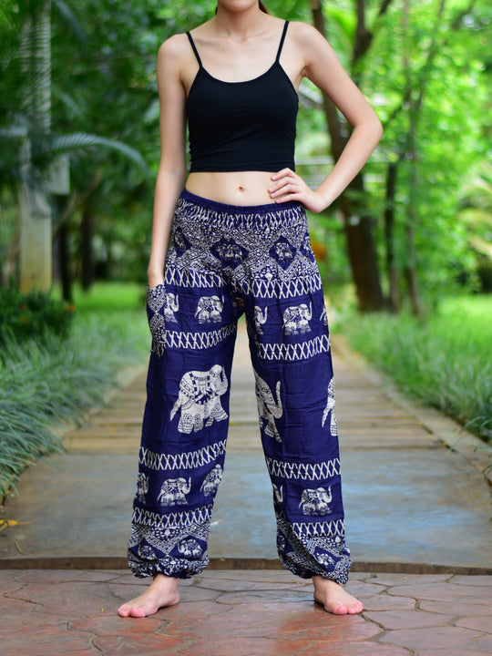 Bohotusk Navy Blue Elephant Bull Print Elasticated Smocked Waist Womens Harem Pants S/M to 3XL