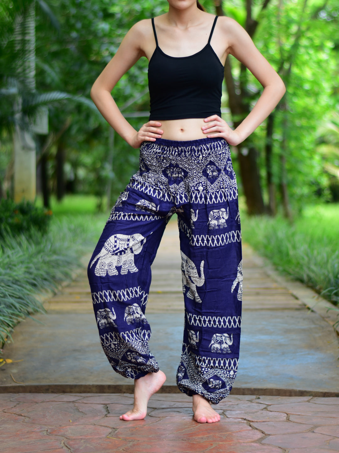 Bohotusk Navy Blue Elephant Bull Print Elasticated Smocked Waist Womens Harem Pants S/M to 3XL
