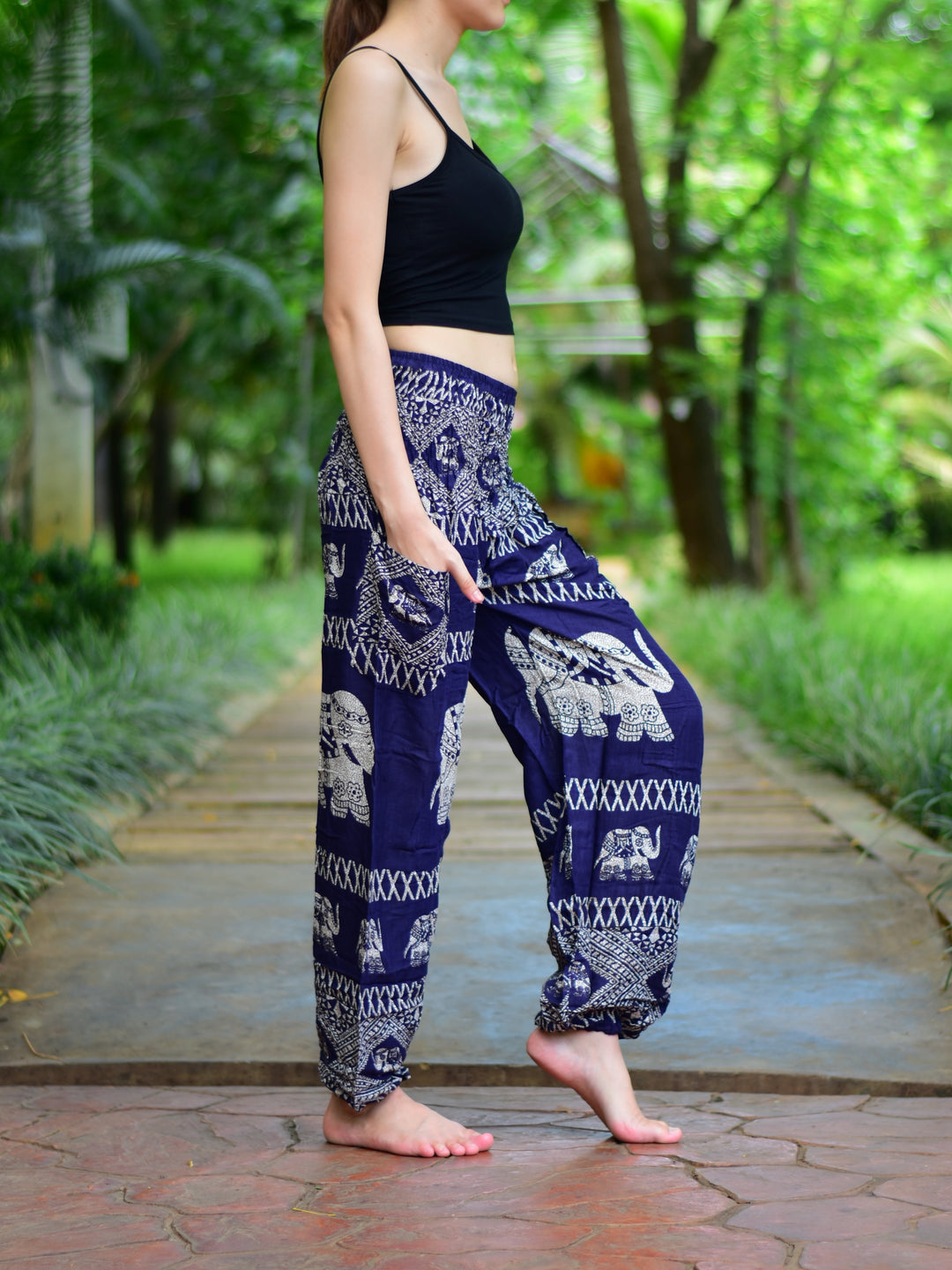 Bohotusk Navy Blue Elephant Bull Print Elasticated Smocked Waist Womens Harem Pants S/M to 3XL