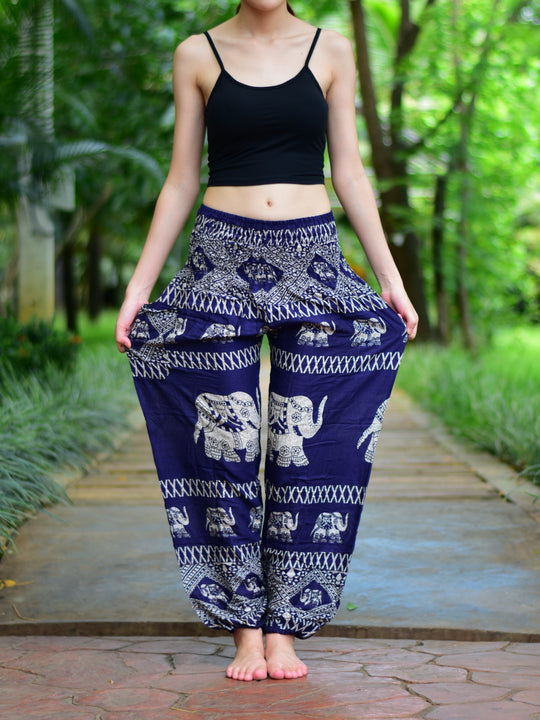 Bohotusk Navy Blue Elephant Bull Print Elasticated Smocked Waist Womens Harem Pants S/M to 3XL