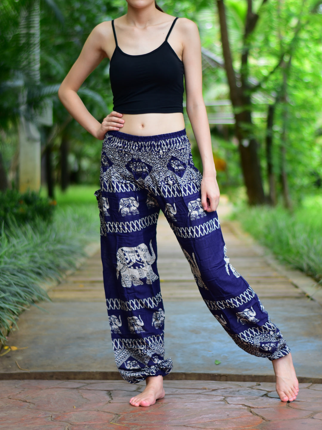 Bohotusk Navy Blue Elephant Bull Print Elasticated Smocked Waist Womens Harem Pants S/M to 3XL