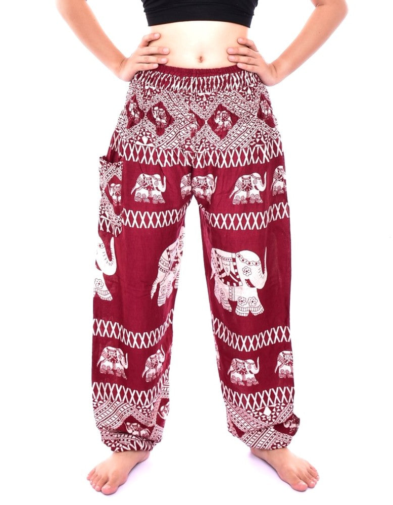 Bohotusk Red Elephant Bull Print Elasticated Smocked Waist Womens Harem Trousers Alternative Maternity Trouser