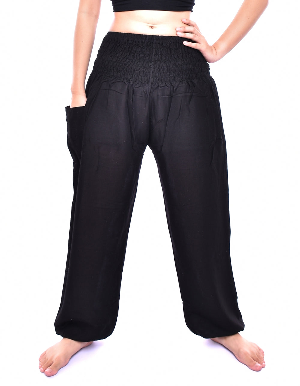 Bohotusk Black Plain Elasticated Smocked Waist Womens Harem Pants S/M to 4XL