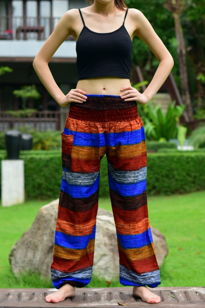 Bohotusk Brown Multi Stripe Print Elasticated Smocked Waist Womens Harem Pants S/M