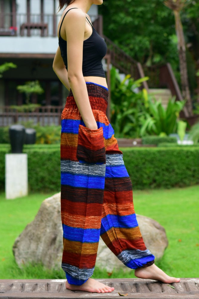 Bohotusk Brown Multi Stripe Print Elasticated Smocked Waist Womens Harem Pants S/M