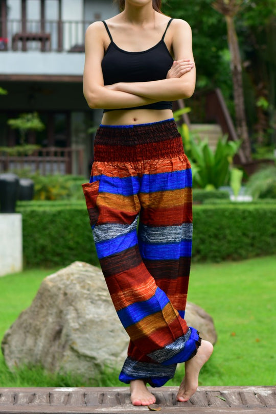 Bohotusk Brown Multi Stripe Print Elasticated Smocked Waist Womens Harem Pants S/M