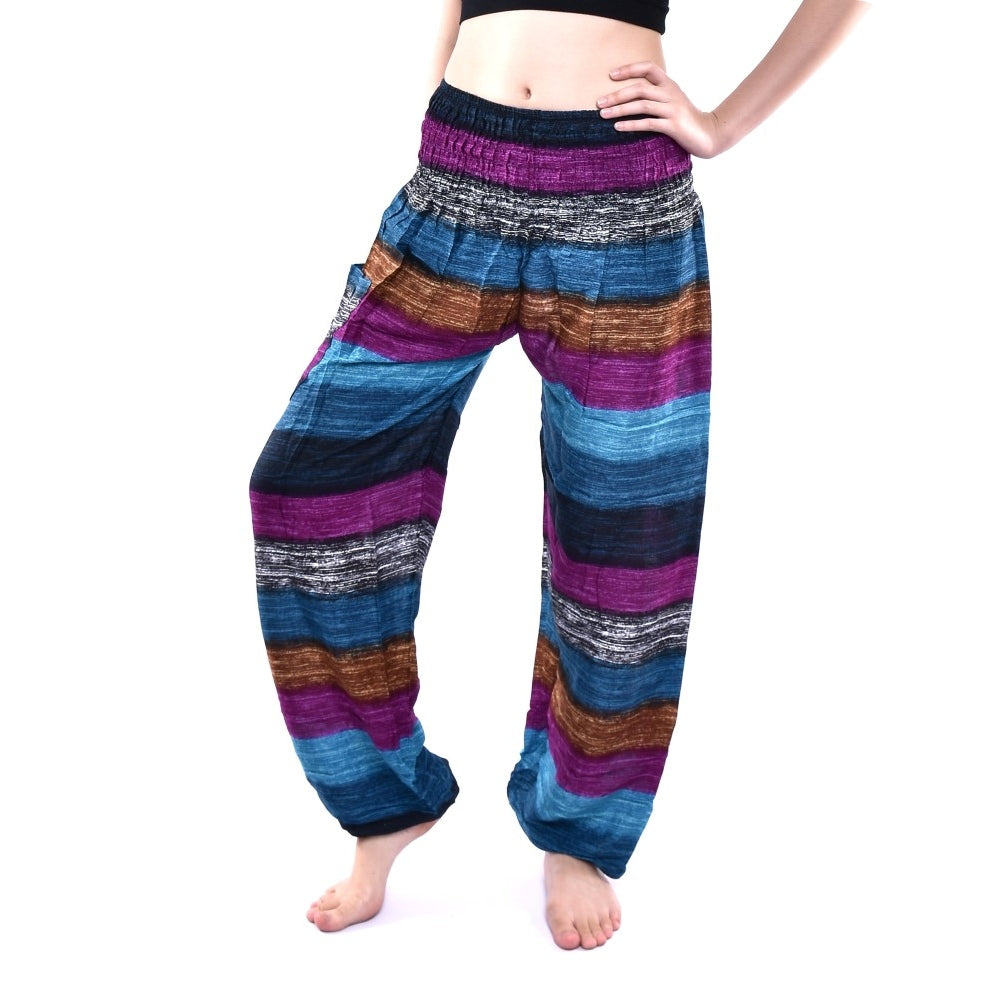 Bohotusk Purple Multi Stripe Print Elasticated Smocked Waist Womens Harem Pants S/M to 3XL