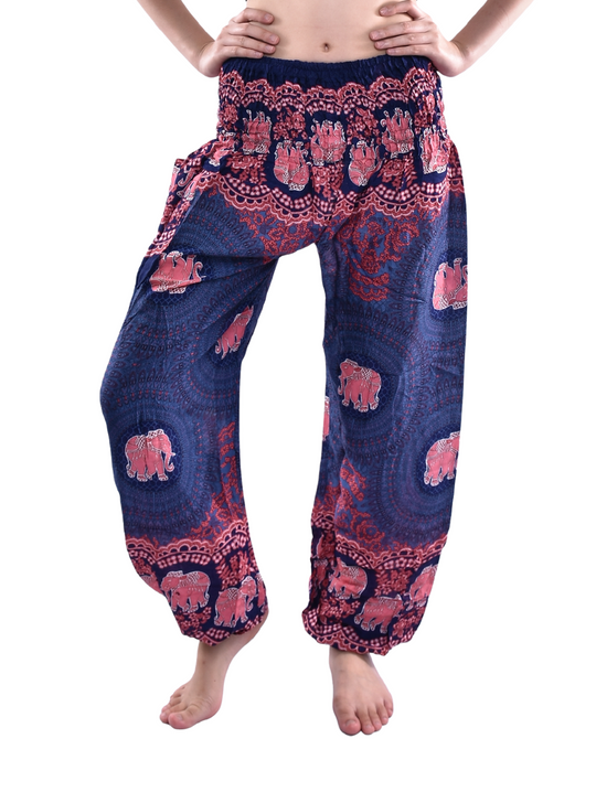Bohotusk Kids Purple Pink Elephant Genie Elasticated Smocked Waist Harem Pants (9 - 12 Years)
