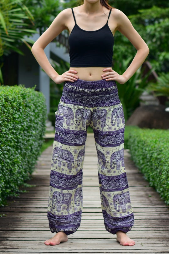Bohotusk Purple Elephant Herd Print Elasticated Smocked Waist Womens Harem Pants S/M only
