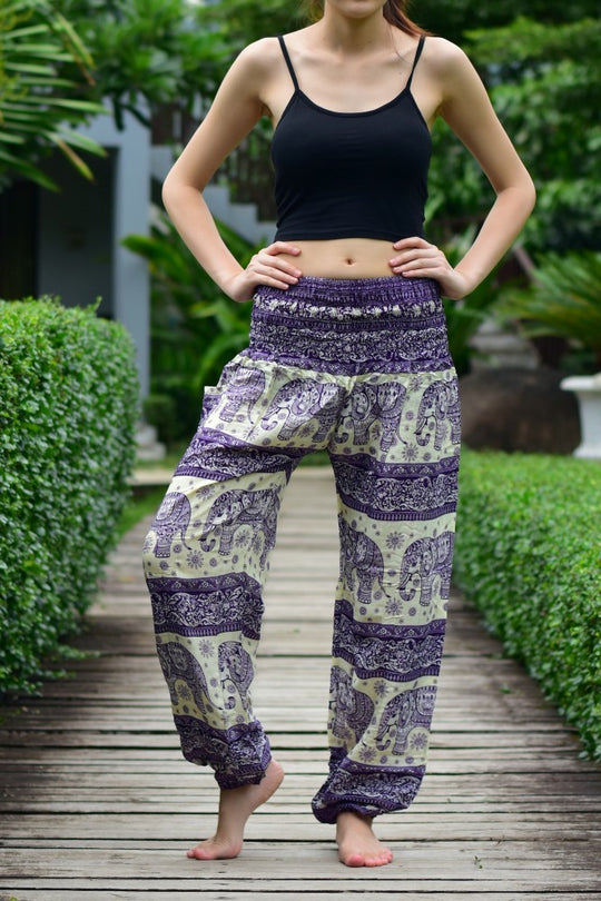 Bohotusk Purple Elephant Herd Print Elasticated Smocked Waist Womens Harem Pants S/M only