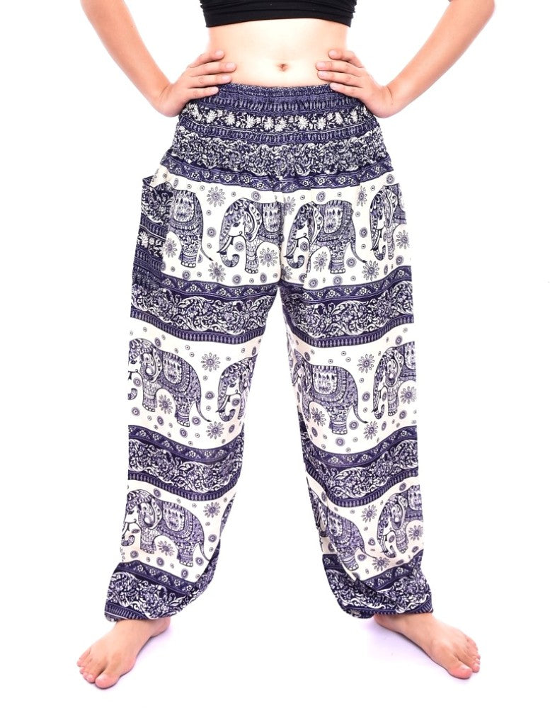 Bohotusk Navy Blue Elephant Herd Print Elasticated Smocked Waist Womens Harem Pants S/M