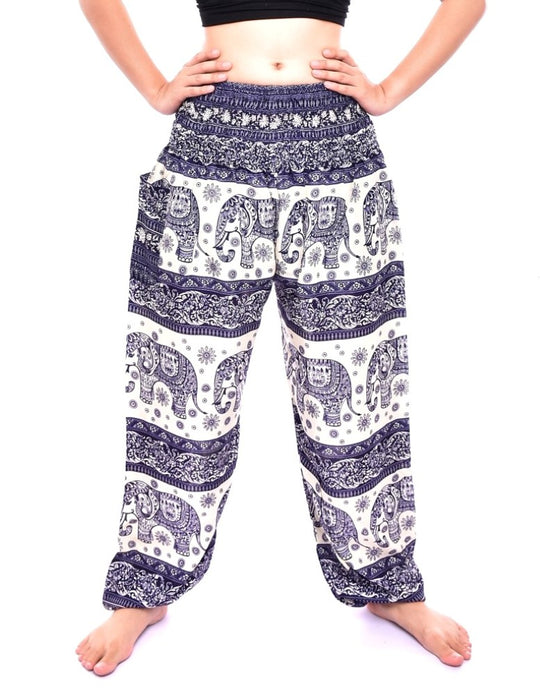 Bohotusk Navy Blue Elephant Herd Print Elasticated Smocked Waist Womens Harem Pants S/M