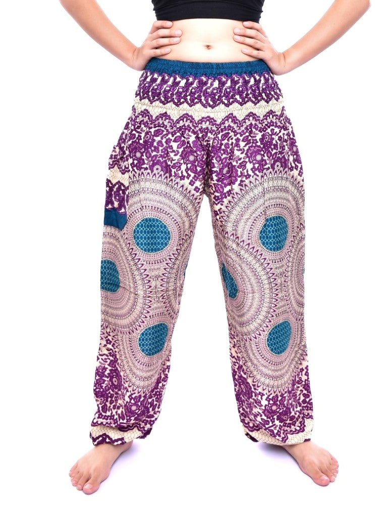 Bohotusk Purple Garden Swirl Print Elasticated Smocked Waist Womens Harem Pants S/M only