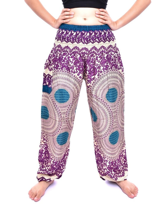 Bohotusk Purple Garden Swirl Print Elasticated Smocked Waist Womens Harem Pants S/M only