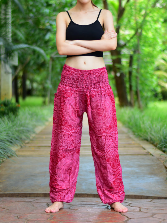Bohotusk Red Night Glow Print Elasticated Smocked Waist Womens Harem Pants S/M to L/XL