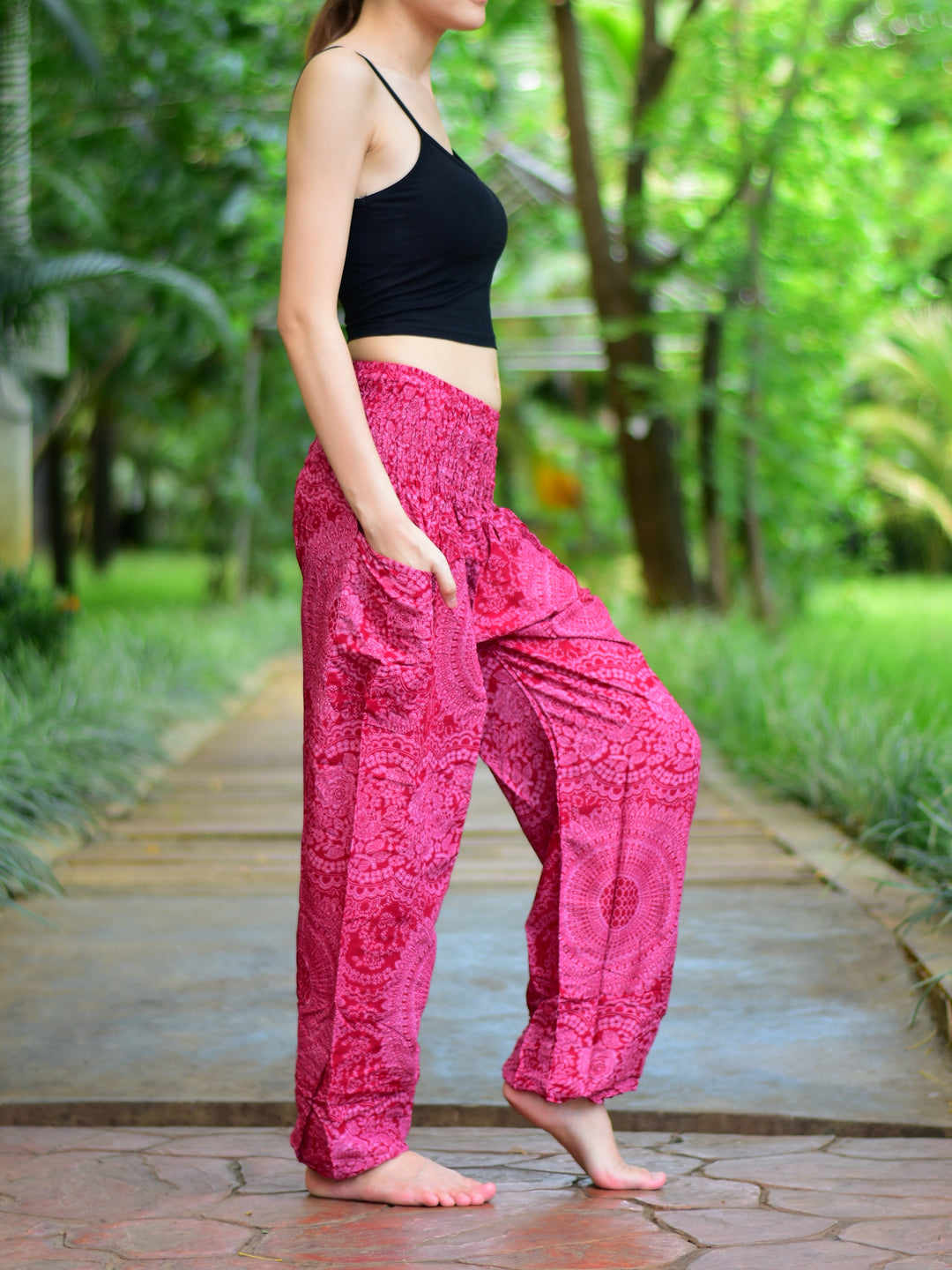 Bohotusk Red Night Glow Print Elasticated Smocked Waist Womens Harem Pants S/M to L/XL