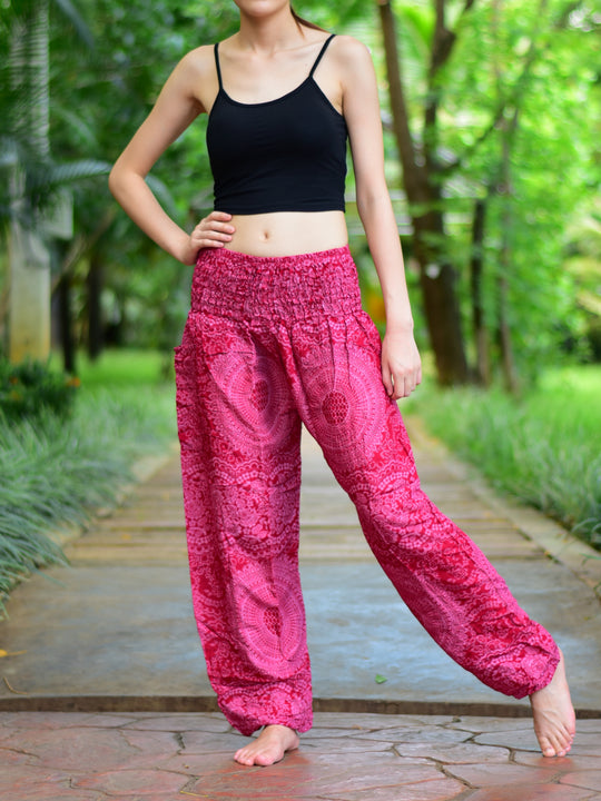 Bohotusk Red Night Glow Print Elasticated Smocked Waist Womens Harem Pants S/M to L/XL