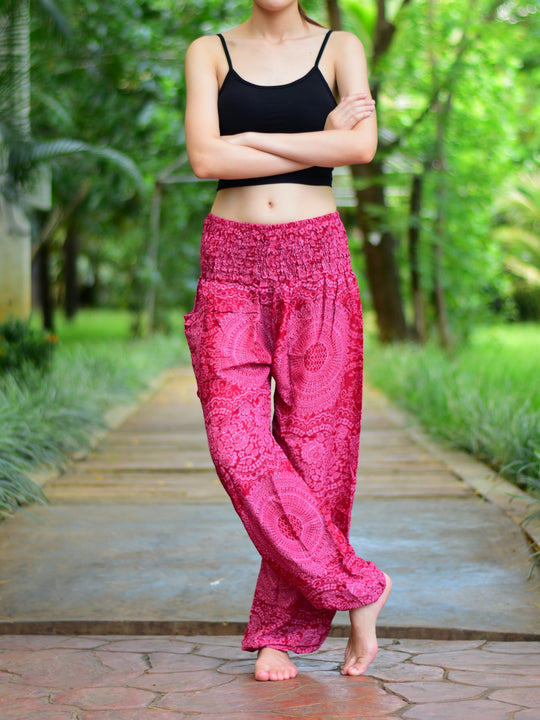 Bohotusk Red Night Glow Print Elasticated Smocked Waist Womens Harem Pants S/M to L/XL