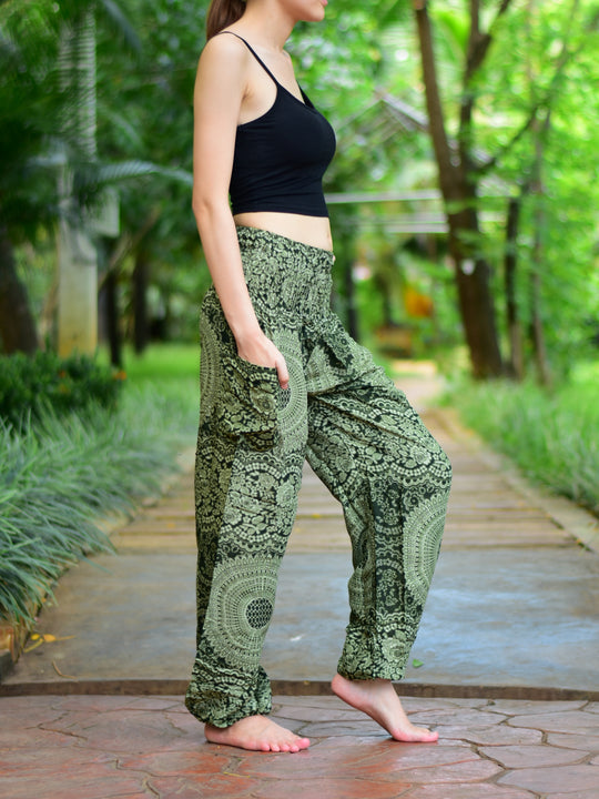 Bohotusk Olive Green Night Glow Print Elasticated Smocked Waist Womens Harem Pants S/M to 3XL