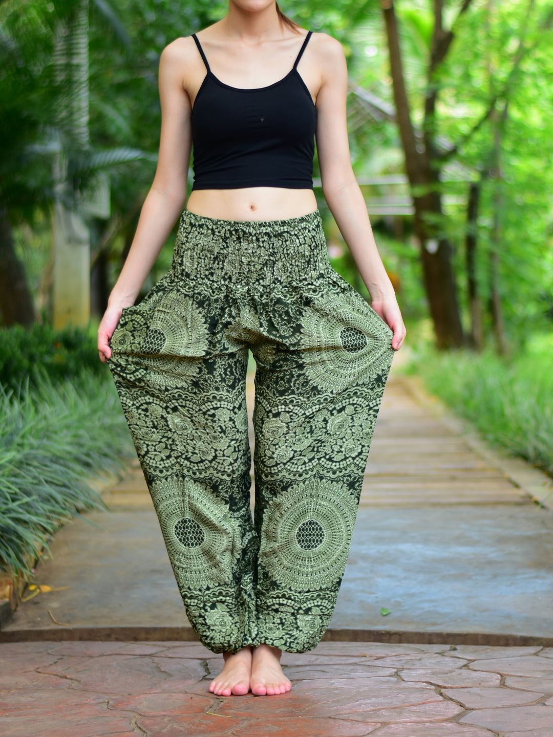 Bohotusk Olive Green Night Glow Print Elasticated Smocked Waist Womens Harem Pants S/M to 3XL