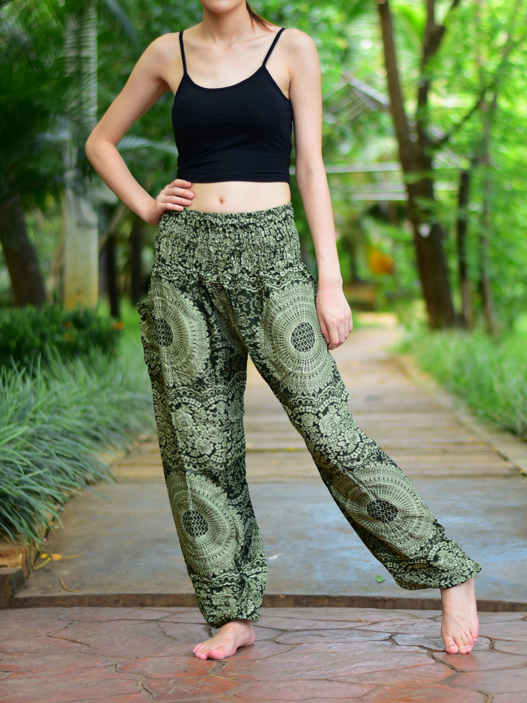 Bohotusk Olive Green Night Glow Print Elasticated Smocked Waist Womens Harem Pants S/M to 3XL