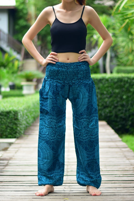 Bohotusk Blue Night Glow Print Elasticated Smocked Waist Womens Harem Pants S/M to 5XL