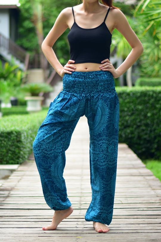 Bohotusk Blue Night Glow Print Elasticated Smocked Waist Womens Harem Pants S/M to 5XL