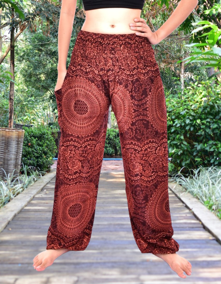 Bohotusk Brown Night Glow Print Elasticated Smocked Waist Womens Harem Pants S/M to 3XL