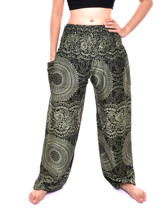 Bohotusk Olive Green Night Glow Print Elasticated Smocked Waist Womens Harem Pants S/M to 3XL