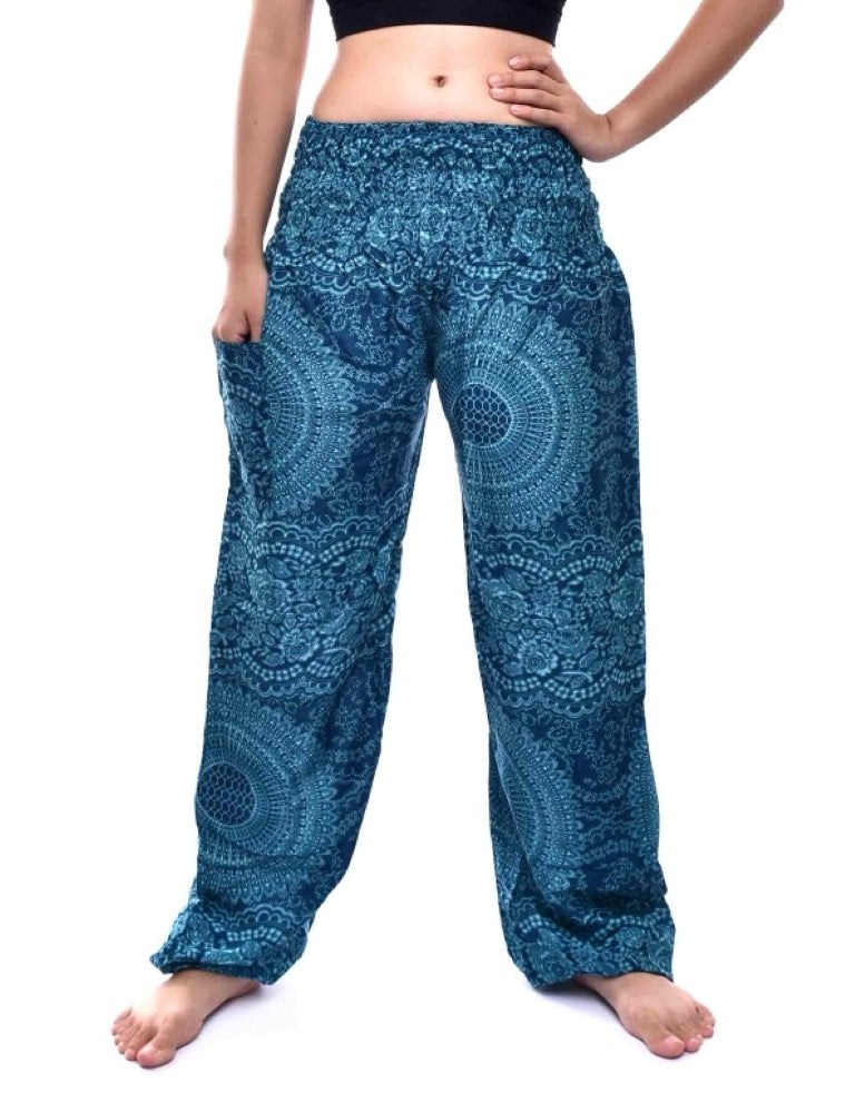 Bohotusk Blue Night Glow Print Elasticated Smocked Waist Womens Harem Pants S/M to 5XL