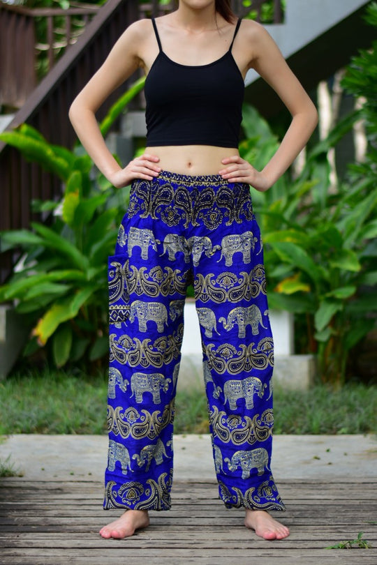 Bohotusk Blue Elephant Grassland Print Elasticated Smocked Waist Womens Harem Pants S/M to 3XL