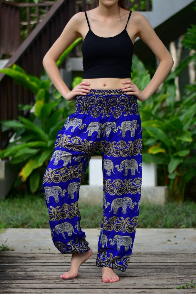 Bohotusk Blue Elephant Grassland Print Elasticated Smocked Waist Womens Harem Pants S/M to 3XL