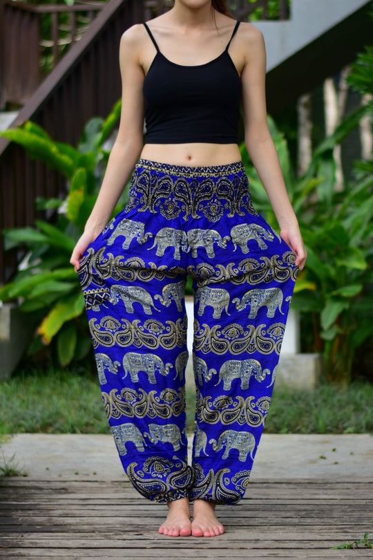 Bohotusk Blue Elephant Grassland Print Elasticated Smocked Waist Womens Harem Pants S/M to 3XL