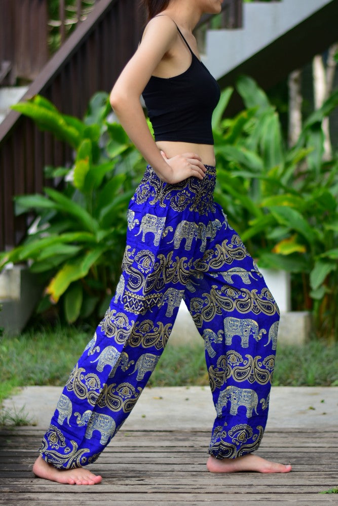 Bohotusk Blue Elephant Grassland Print Elasticated Smocked Waist Womens Harem Pants S/M to 3XL