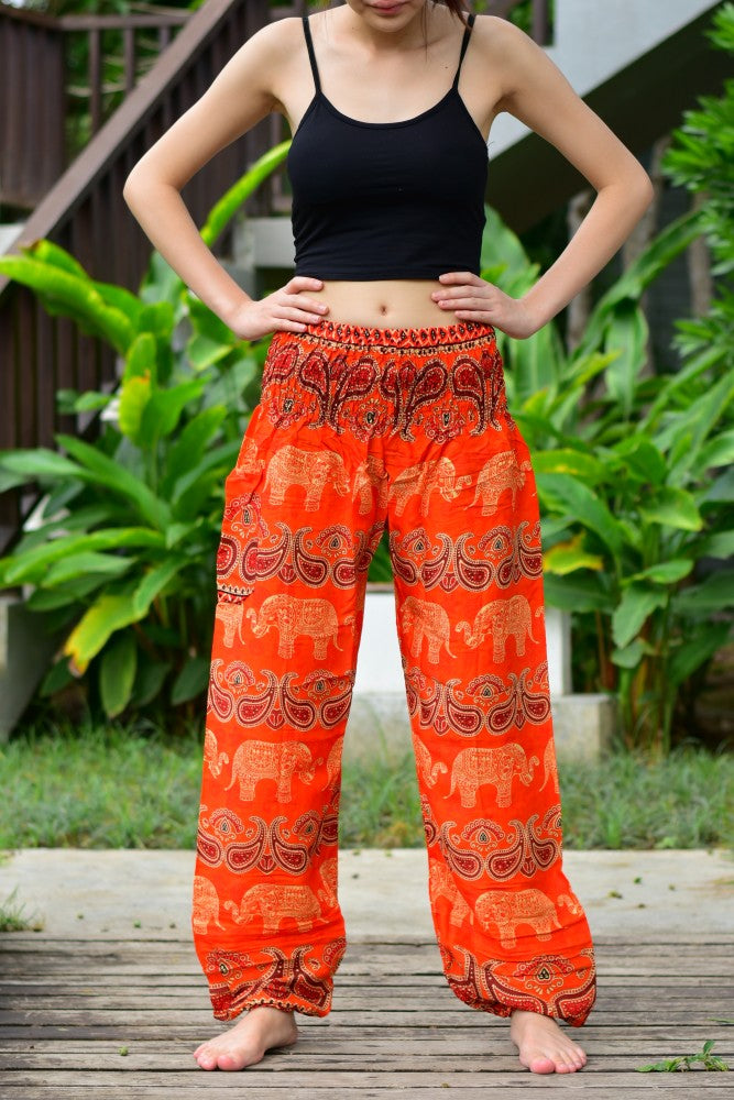 Bohotusk Orange Elephant Grassland Print Elasticated Smocked Waist Womens Harem Pants S/M to L/XL