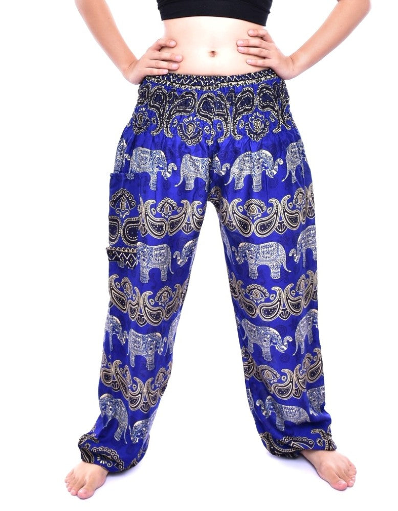 Bohotusk Kids Blue Elephant Grassland Elasticated Smocked Waist Harem Pants (13 - 15 Years)