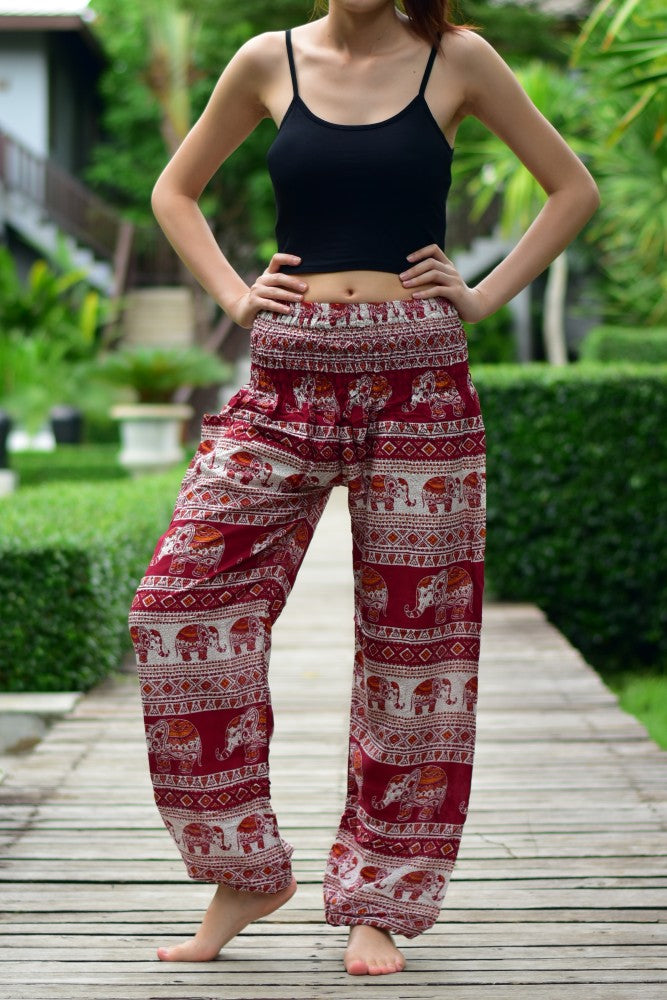 Bohotusk Red Elephant Savannah Print Elasticated Smocked Waist Womens Harem Pants S/M to LXL