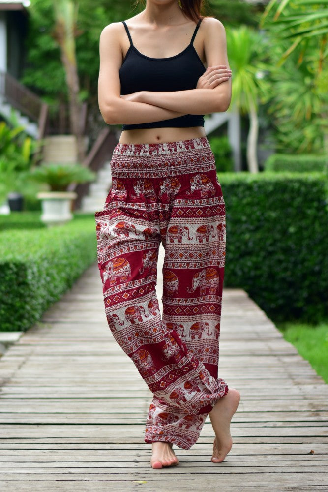 Bohotusk Red Elephant Savannah Print Elasticated Smocked Waist Womens Harem Pants S/M to LXL