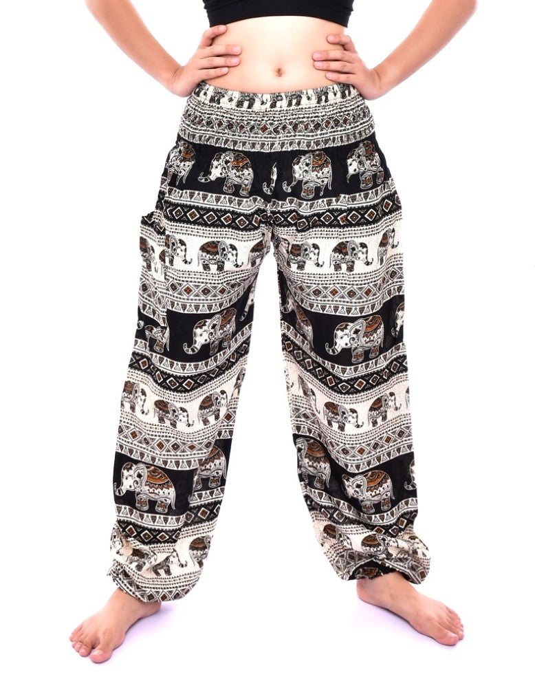 Bohotusk Black Elephant Savannah Print Elasticated Smocked Waist Womens Harem Pants S/M Only