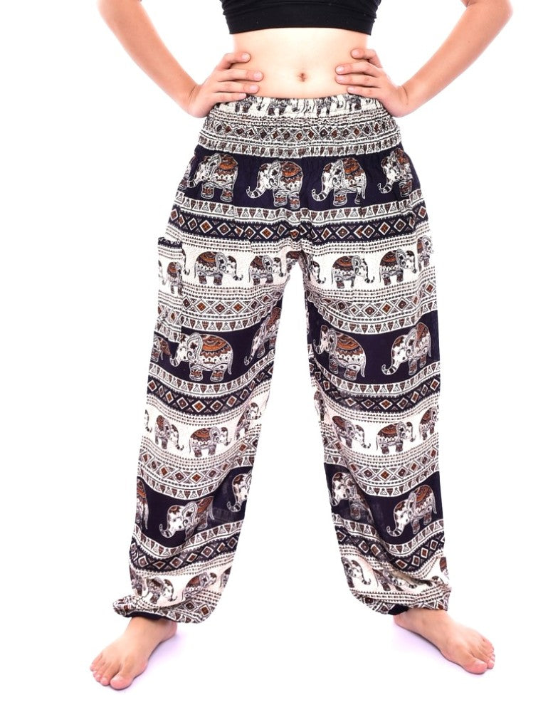 Bohotusk Kids Navy Blue Elephant Savannah Print Elasticated Smocked Waist Harem Pants (9 - 12 Years)