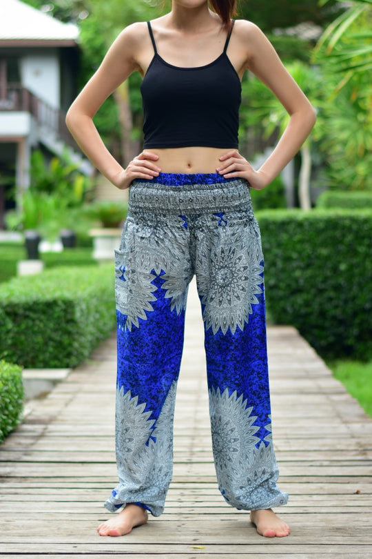 Bohotusk Blue Snowflake Print Elasticated Smocked Waist Womens Harem Pants S/M