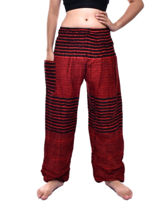 Bohotusk Red Patch Stripe Elasticated Smocked Waist Womens Harem Pants
