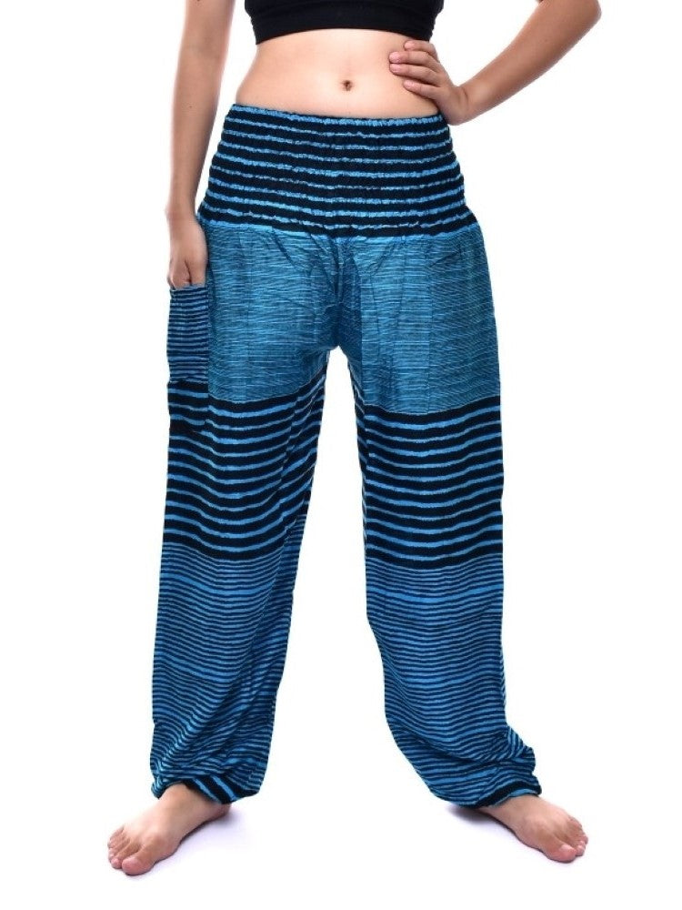 Bohotusk Mid Blue Patch Stripe Print Elasticated Smocked Waist Womens Harem Pants S/M