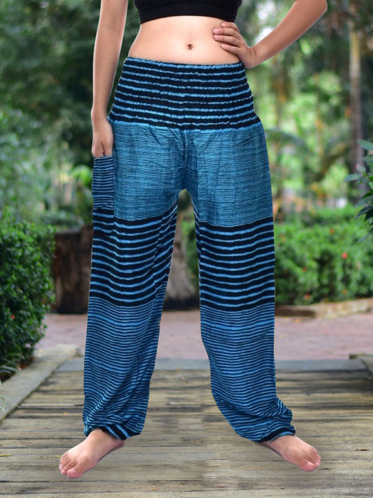 Bohotusk Mid Blue Patch Stripe Print Elasticated Smocked Waist Womens Harem Pants S/M