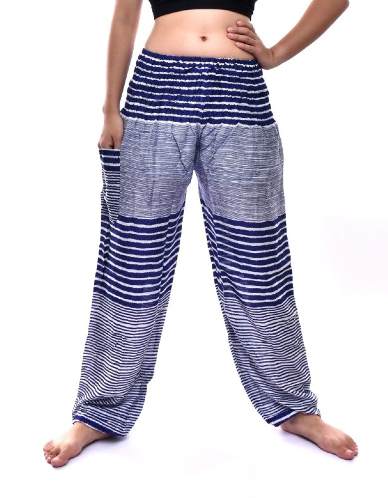 Bohotusk Navy Blue Patch Stripe Print Elasticated Smocked Waist Womens Harem Pants S/M to 3XL